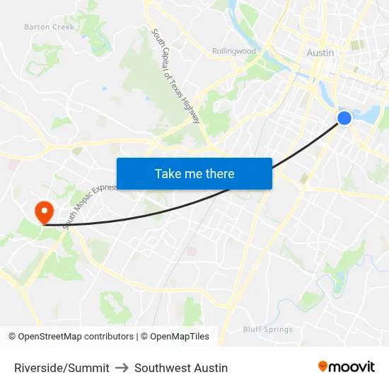 Riverside/Summit to Southwest Austin map
