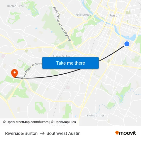 Riverside/Burton to Southwest Austin map