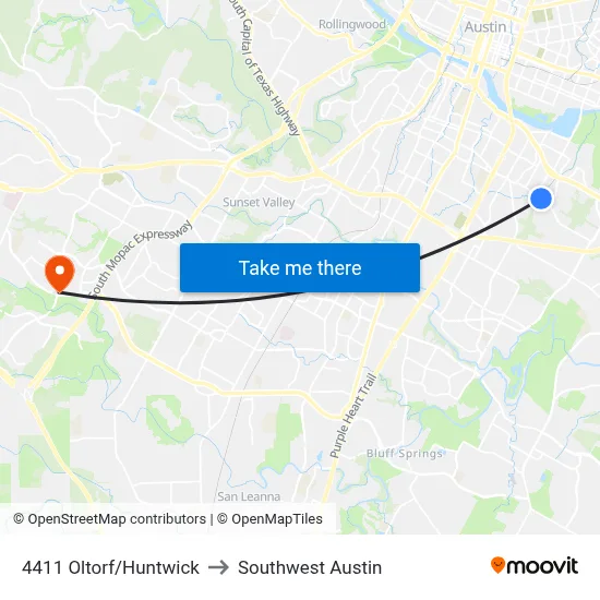 4411 Oltorf/Huntwick to Southwest Austin map