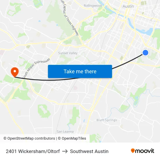 2401 Wickersham/Oltorf to Southwest Austin map