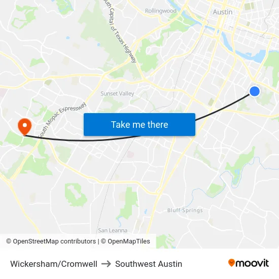 Wickersham/Cromwell to Southwest Austin map
