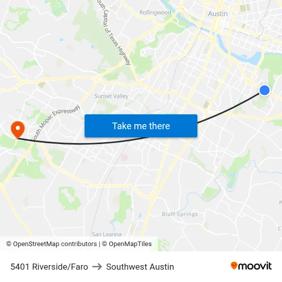 5401 Riverside/Faro to Southwest Austin map