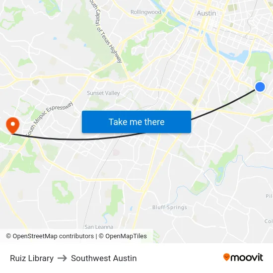 Ruiz Library to Southwest Austin map