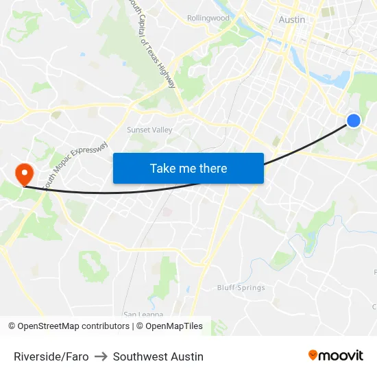 Riverside/Faro to Southwest Austin map