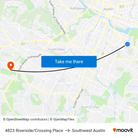 4823 Riverside/Crossing Place to Southwest Austin map