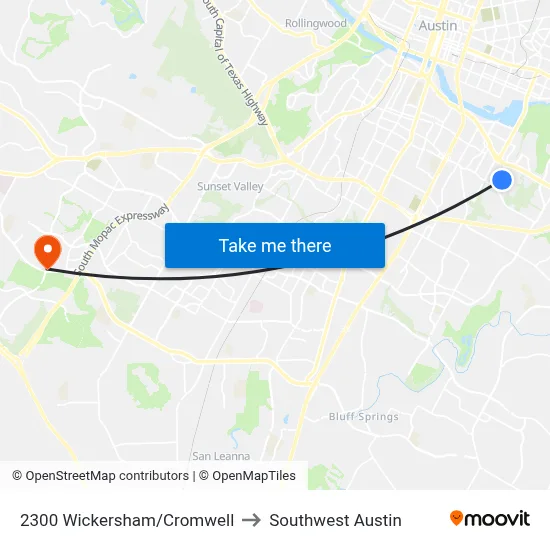 2300 Wickersham/Cromwell to Southwest Austin map
