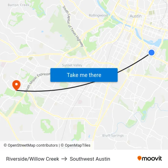 Riverside/Willow Creek to Southwest Austin map