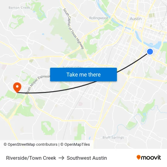 Riverside/Town Creek to Southwest Austin map