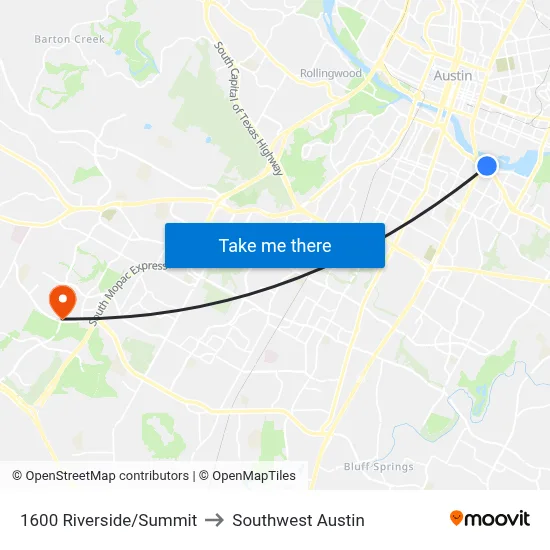1600 Riverside/Summit to Southwest Austin map