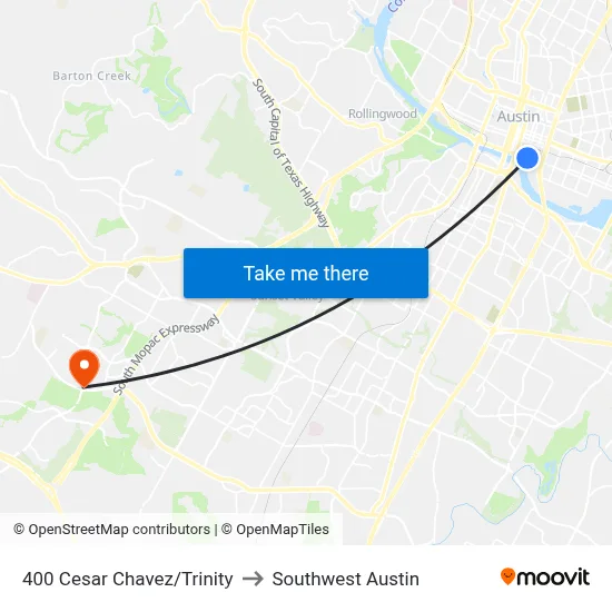 400 Cesar Chavez/Trinity to Southwest Austin map