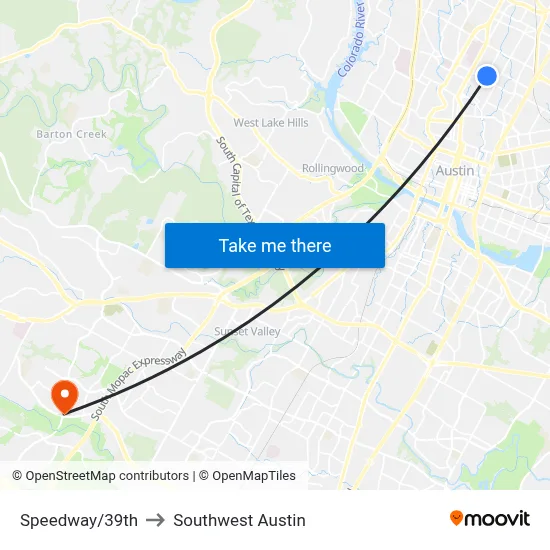 Speedway/39th to Southwest Austin map