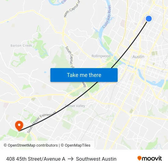 408 45th Street/Avenue A to Southwest Austin map