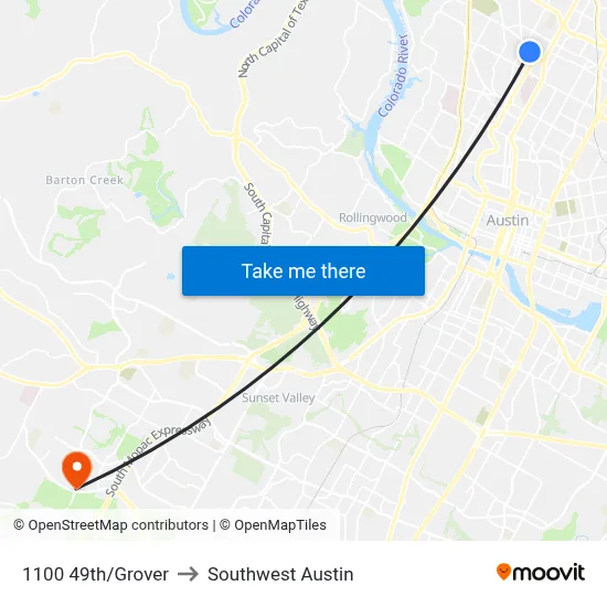 1100 49th/Grover to Southwest Austin map