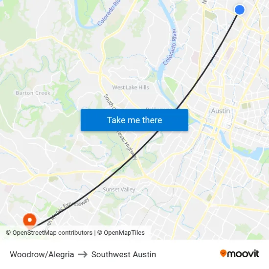 Woodrow/Alegria to Southwest Austin map