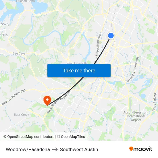 Woodrow/Pasadena to Southwest Austin map