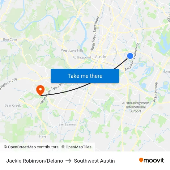 Jackie Robinson/Delano to Southwest Austin map