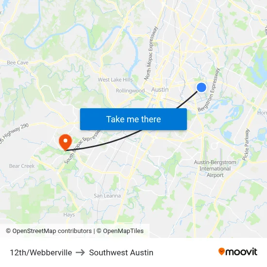12th/Webberville to Southwest Austin map
