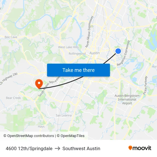 4600 12th/Springdale to Southwest Austin map