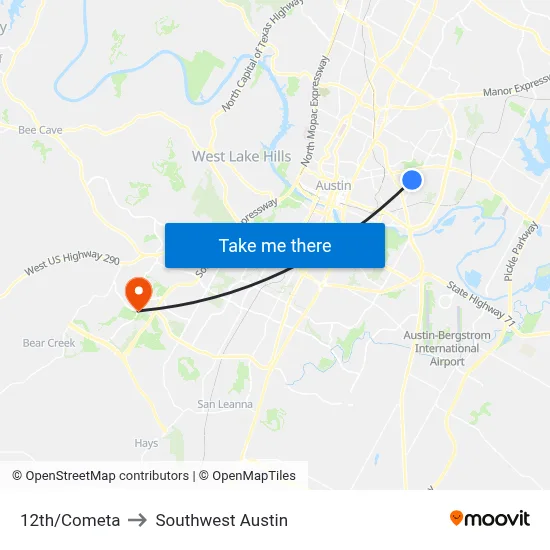 12th/Cometa to Southwest Austin map