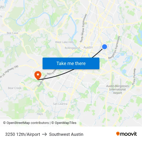 3250 12th/Airport to Southwest Austin map