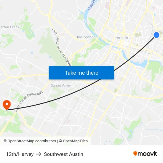 12th/Harvey to Southwest Austin map