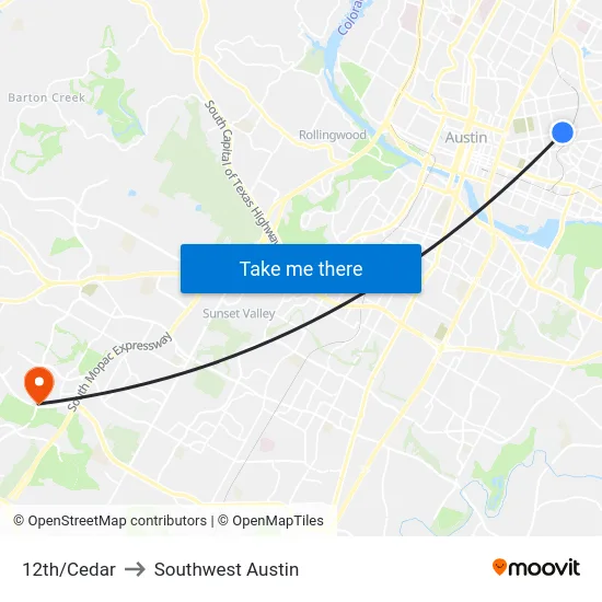 12th/Cedar to Southwest Austin map