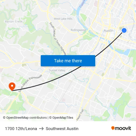 1700 12th/Leona to Southwest Austin map