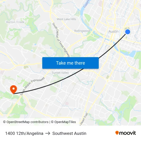 1400 12th/Angelina to Southwest Austin map
