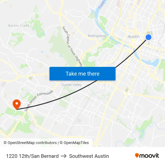 1220 12th/San Bernard to Southwest Austin map