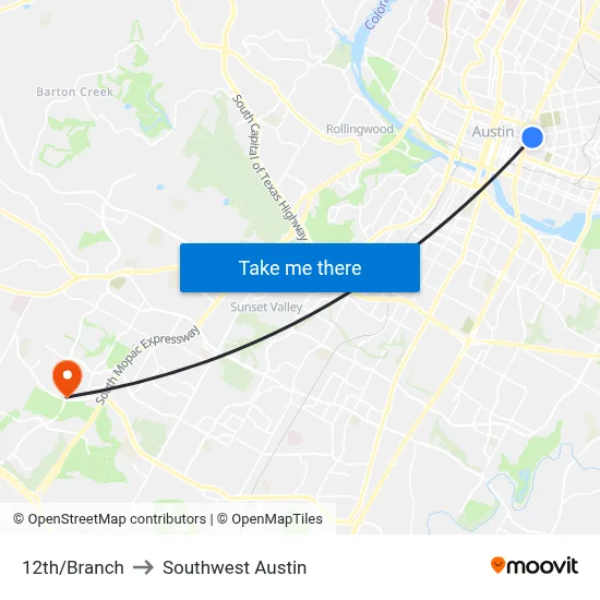 12th/Branch to Southwest Austin map