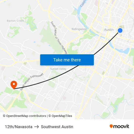 12th/Navasota to Southwest Austin map