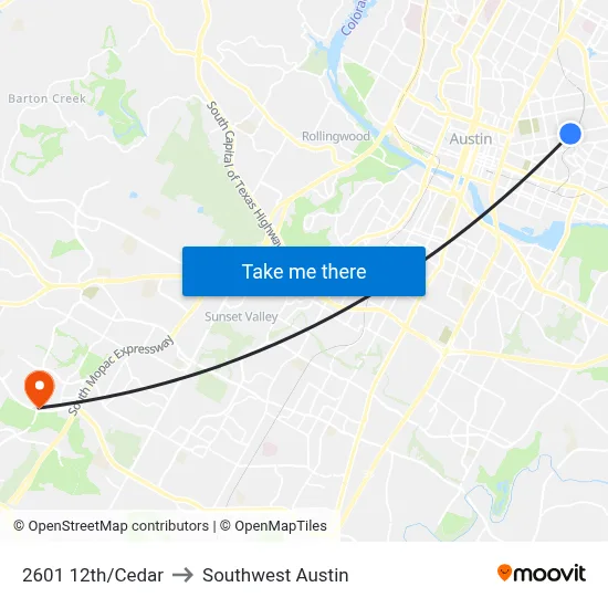 2601 12th/Cedar to Southwest Austin map