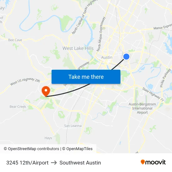 3245 12th/Airport to Southwest Austin map