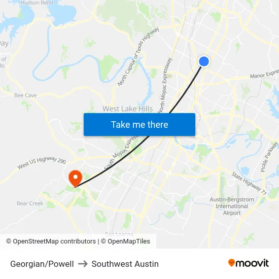 Georgian/Powell to Southwest Austin map