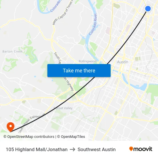 105 Highland Mall/Jonathan to Southwest Austin map