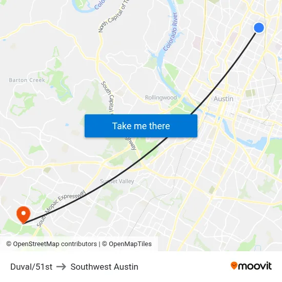 Duval/51st to Southwest Austin map