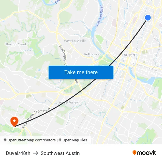 Duval/48th to Southwest Austin map