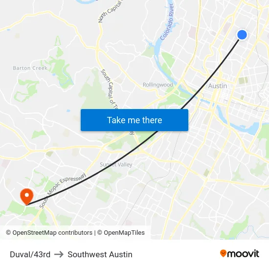 Duval/43rd to Southwest Austin map