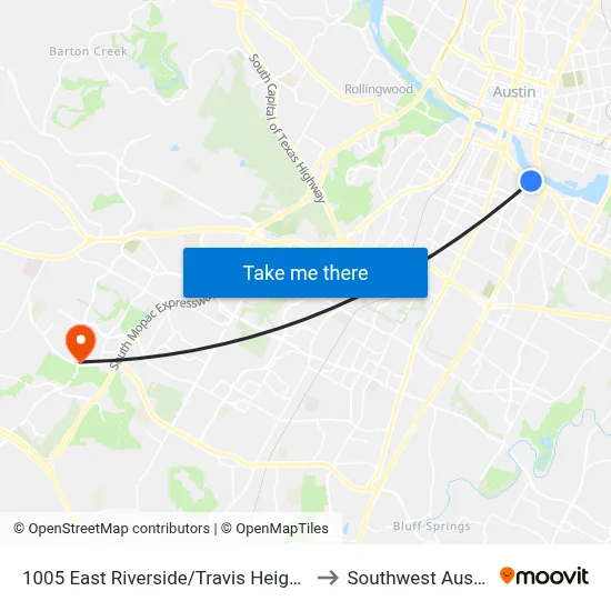1005 East Riverside/Travis Heights to Southwest Austin map
