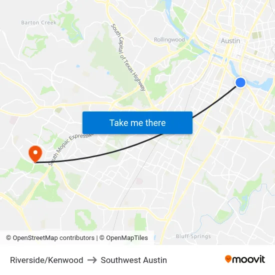 Riverside/Kenwood to Southwest Austin map