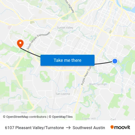 6107 Pleasant Valley/Turnstone to Southwest Austin map