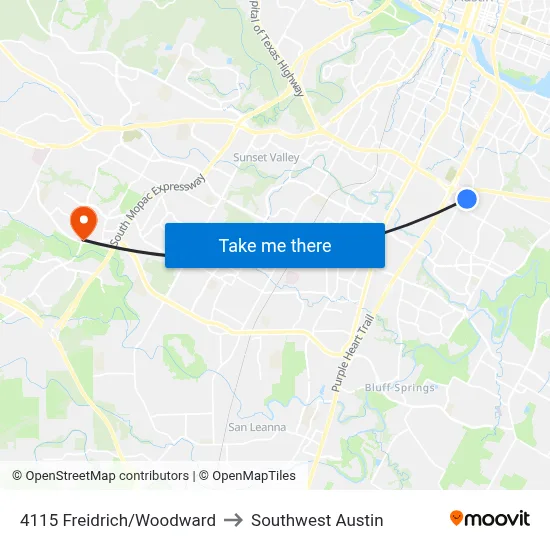 4115 Freidrich/Woodward to Southwest Austin map