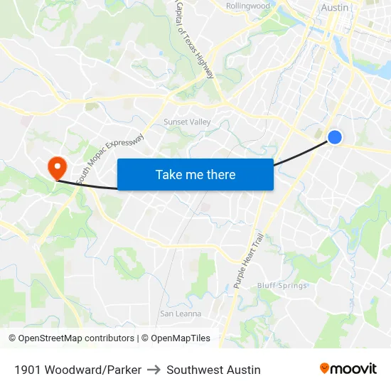 1901 Woodward/Parker to Southwest Austin map