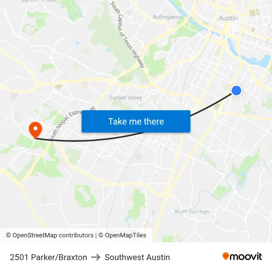 2501 Parker/Braxton to Southwest Austin map