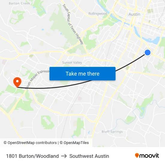 1801 Burton/Woodland to Southwest Austin map