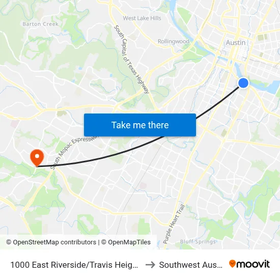 1000 East Riverside/Travis Heights to Southwest Austin map