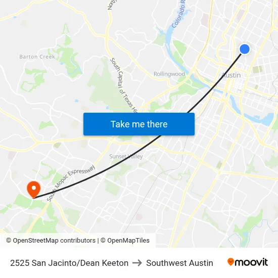 2525 San Jacinto/Dean Keeton to Southwest Austin map