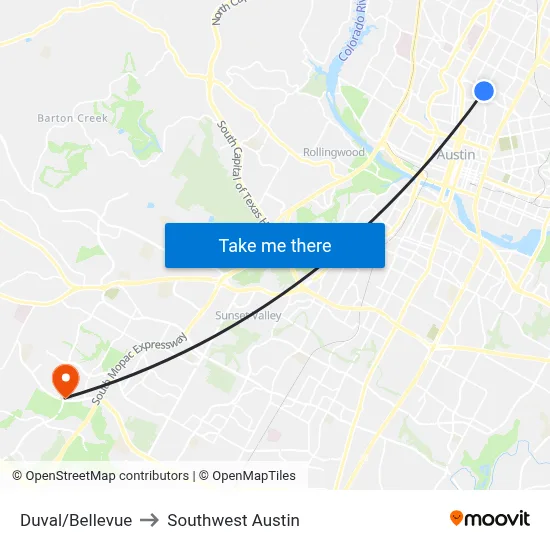 Duval/Bellevue to Southwest Austin map