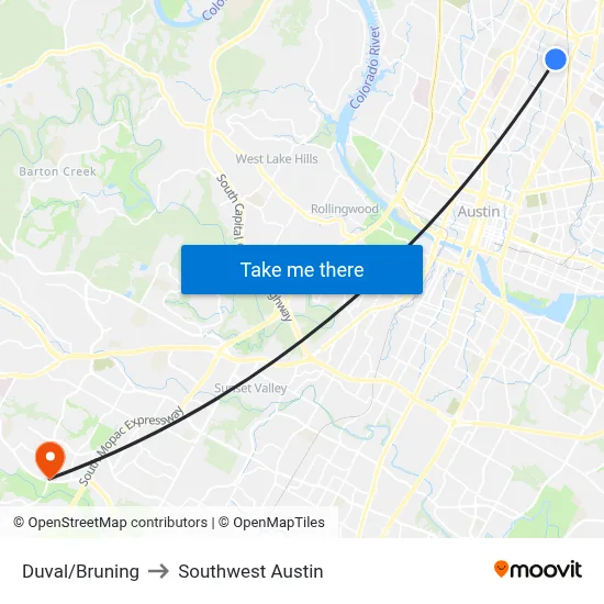 Duval/Bruning to Southwest Austin map