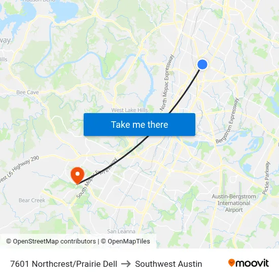 7601 Northcrest/Prairie Dell to Southwest Austin map